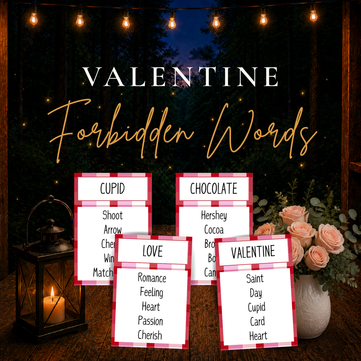 Valentine Forbidden Words printable game with Valentine themed word cards