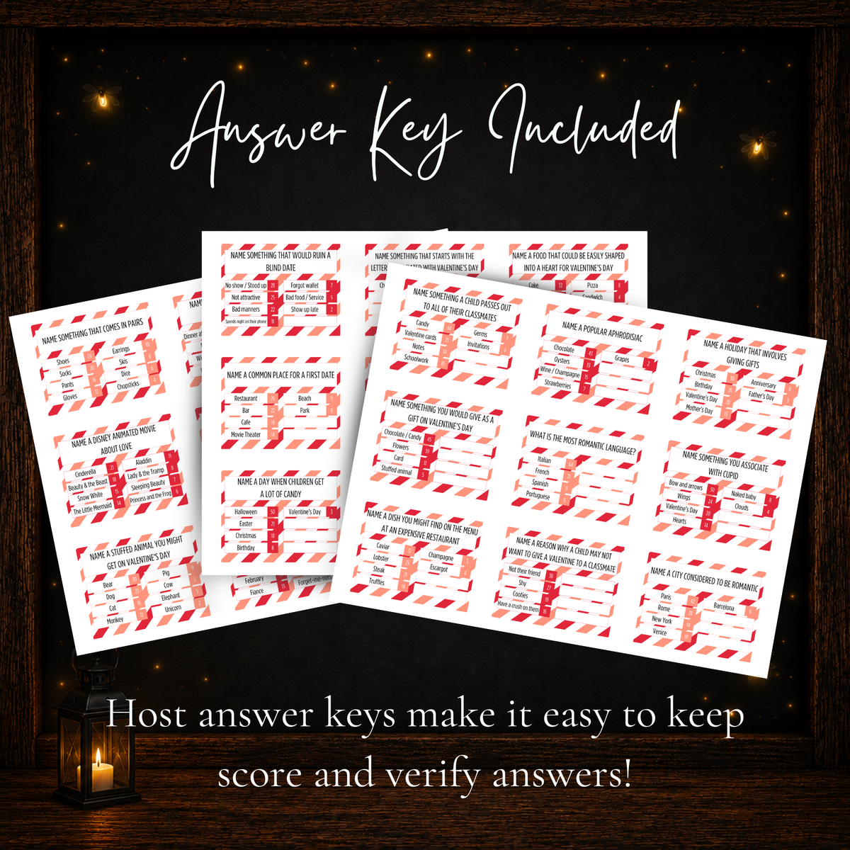 Valentine Friendly Feud printable host answer keys with Valentine’s Day survey questions and answers