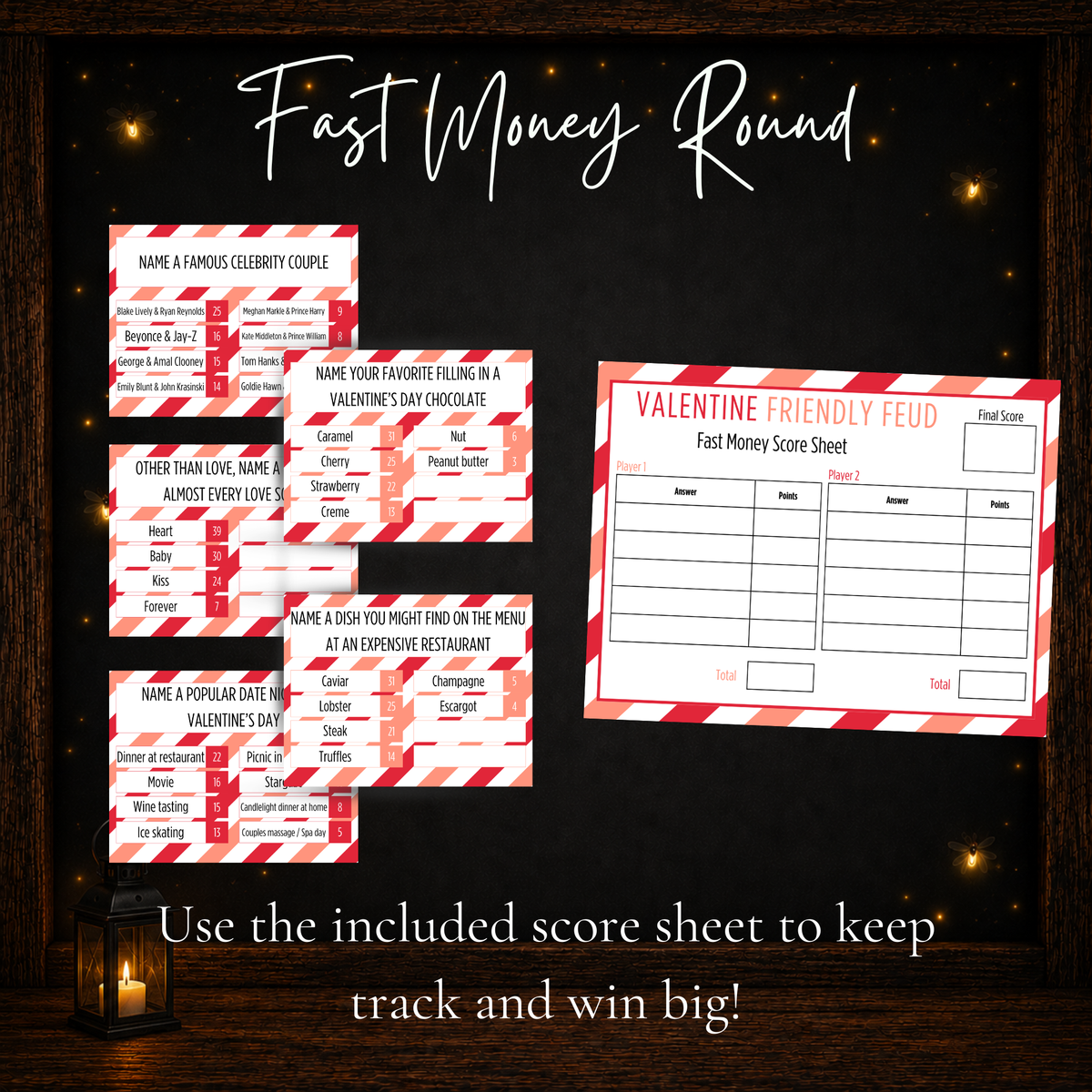 Valentine Friendly Feud Fast Money round with Valentine survey questions and printable Fast Money score sheet