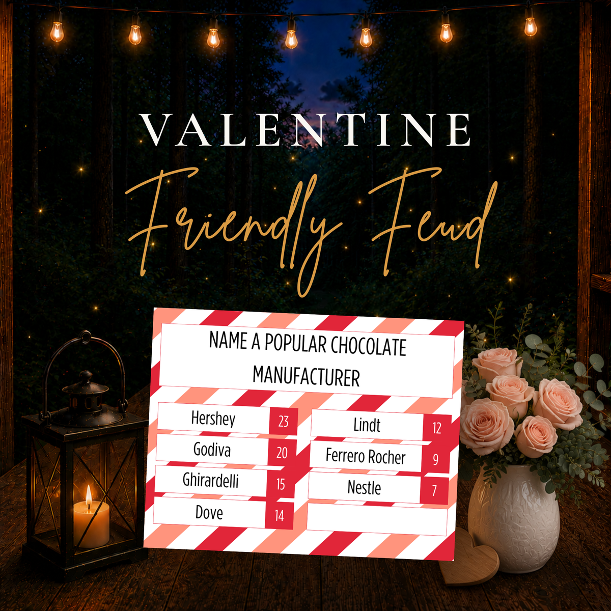 Valentine Friendly Feud printable Valentine’s Day survey game with popular chocolate manufacturer question card