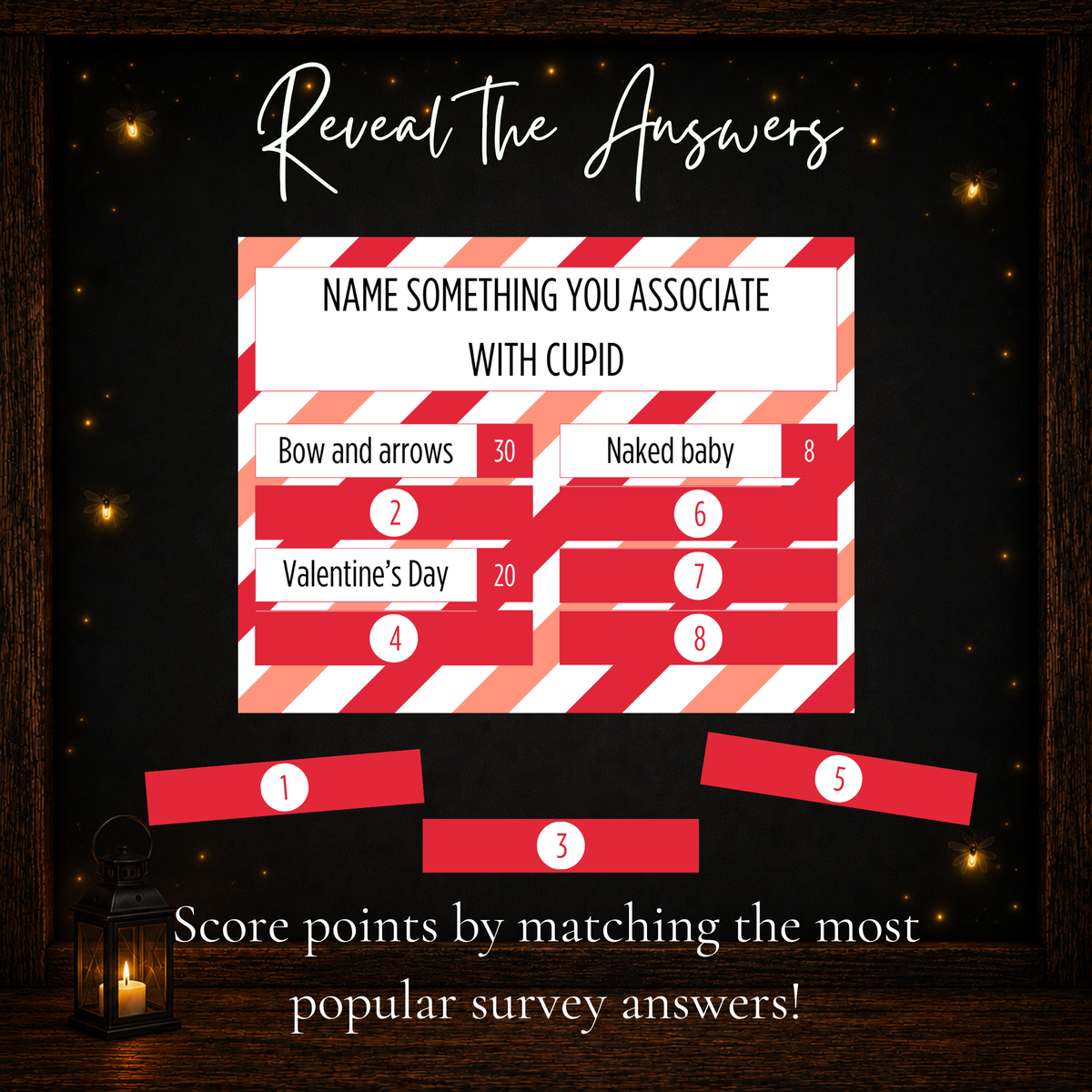 Valentine Friendly Feud answer reveal game card with numbered covers for popular Valentine survey answers