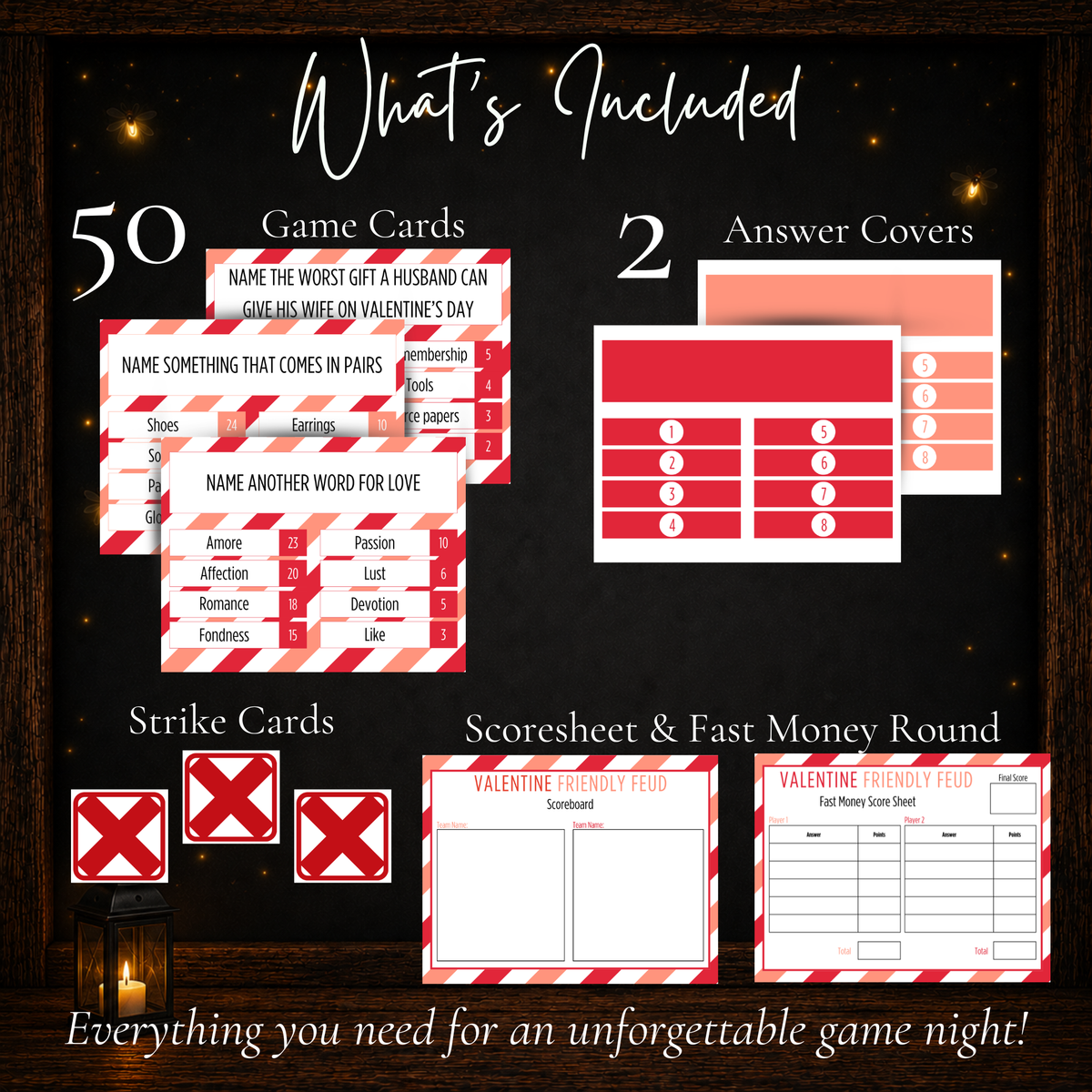 Valentine Friendly Feud printable game with 50 game cards, answer covers, strike cards, scoreboard and Fast Money round