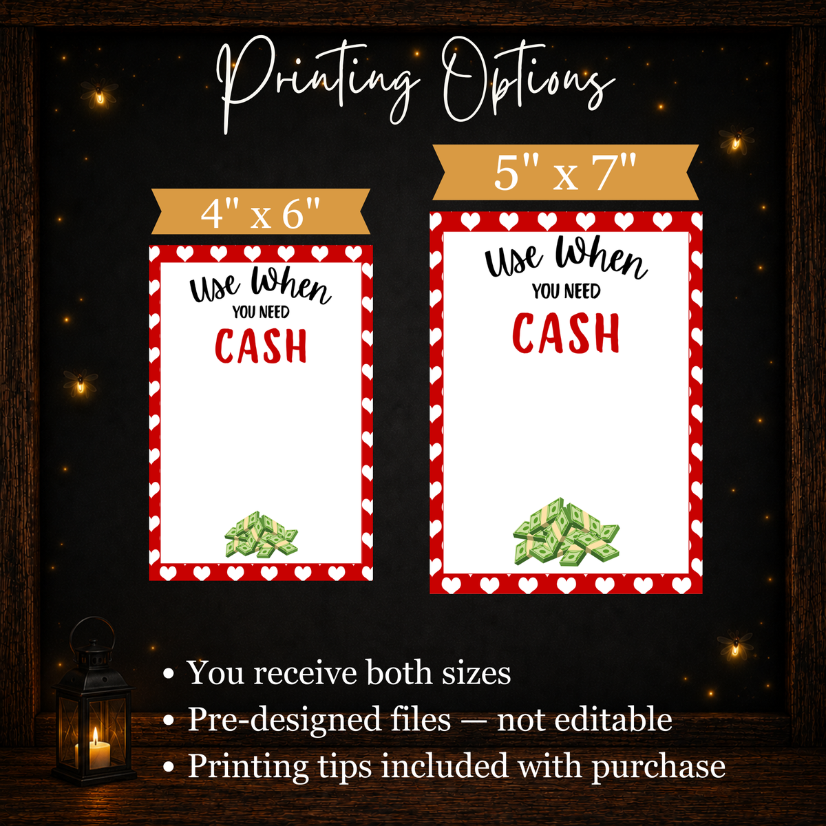 Valentine gift card book printing options showing included 4x6 and 5x7 gift page sizes.
