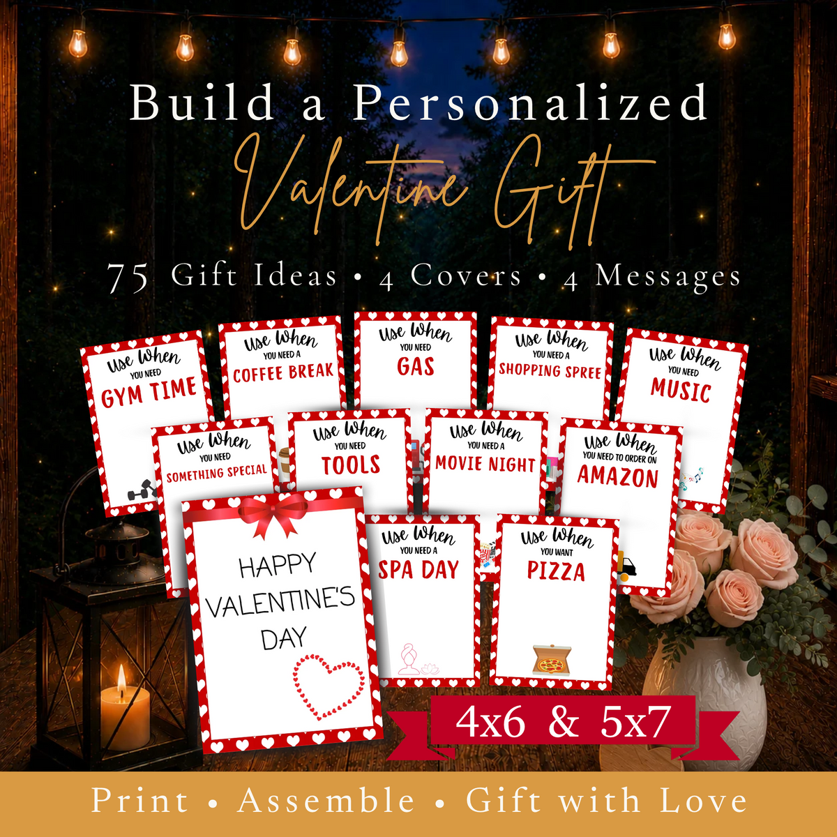 How the Valentine gift card book works with steps to choose a cover, add a message, insert gift cards, and assemble the gift.