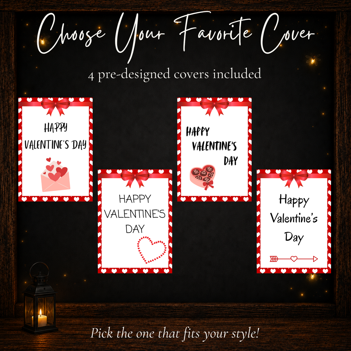 Four pre-designed Valentine gift card book covers with hearts, chocolates, love letter, and heart arrow designs.