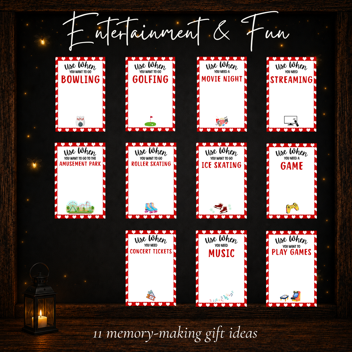 Entertainment and fun Valentine gift card book ideas including movie night, bowling, golfing, games, music, skating, and concert tickets.