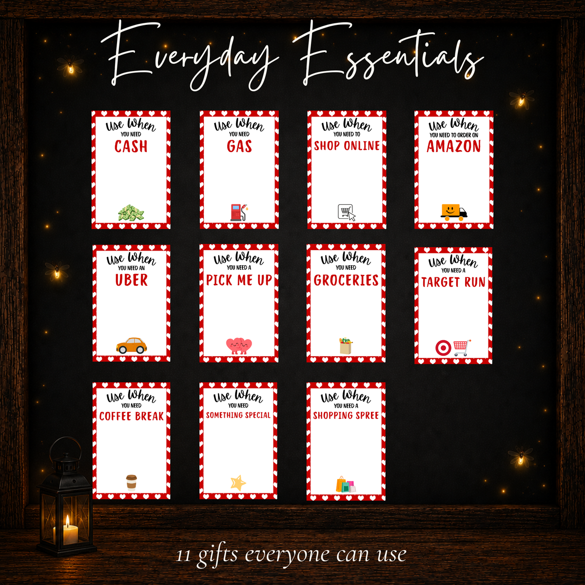 Everyday essentials pages from Valentine gift card book including cash, gas, groceries, coffee, Amazon, shopping, and more.