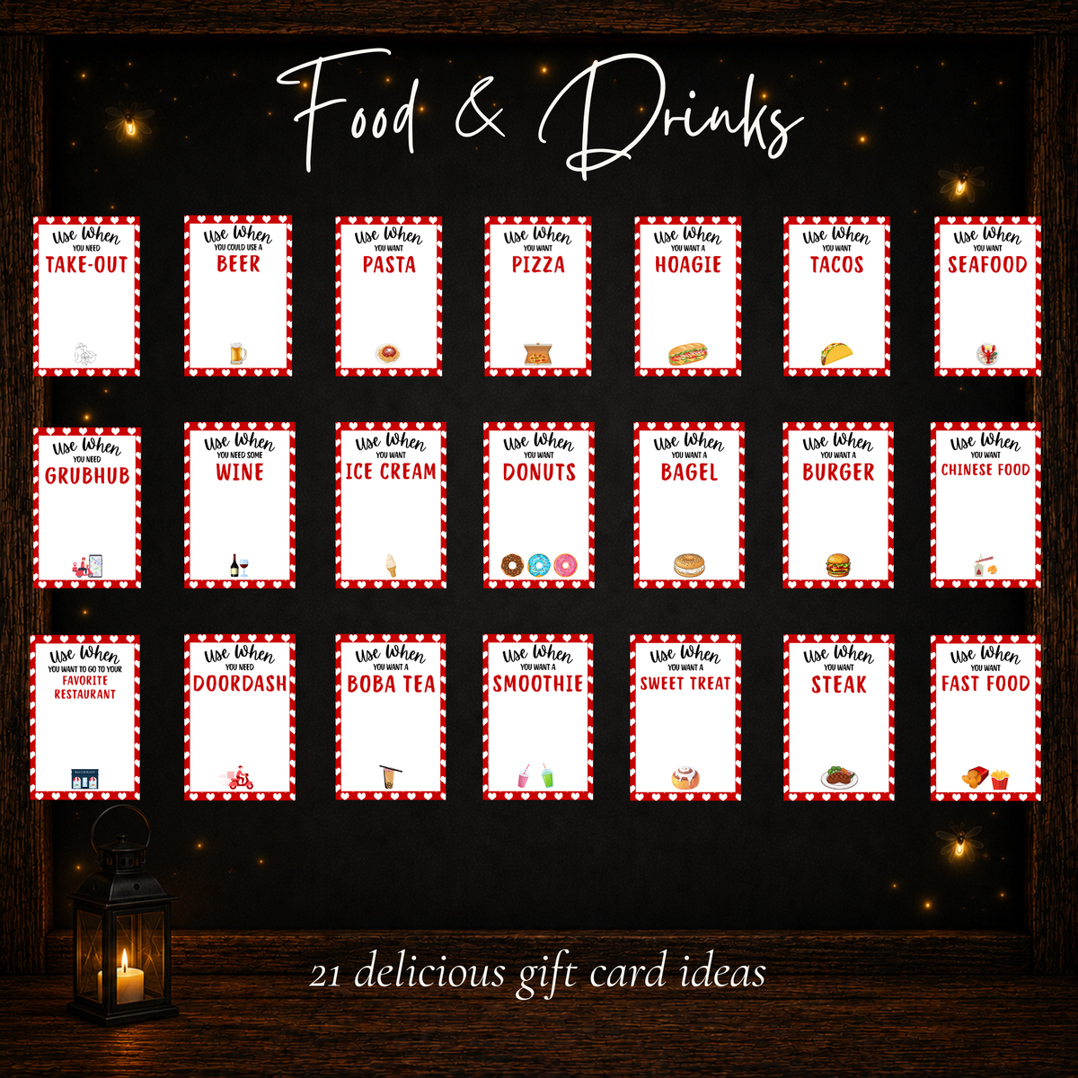 Food and drink Valentine gift card book ideas including pizza, tacos, ice cream, restaurants, takeout, coffee, and other treats.