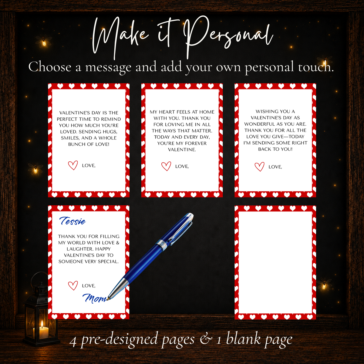 Valentine gift card book message options with four pre-designed messages and one blank page for personalization.