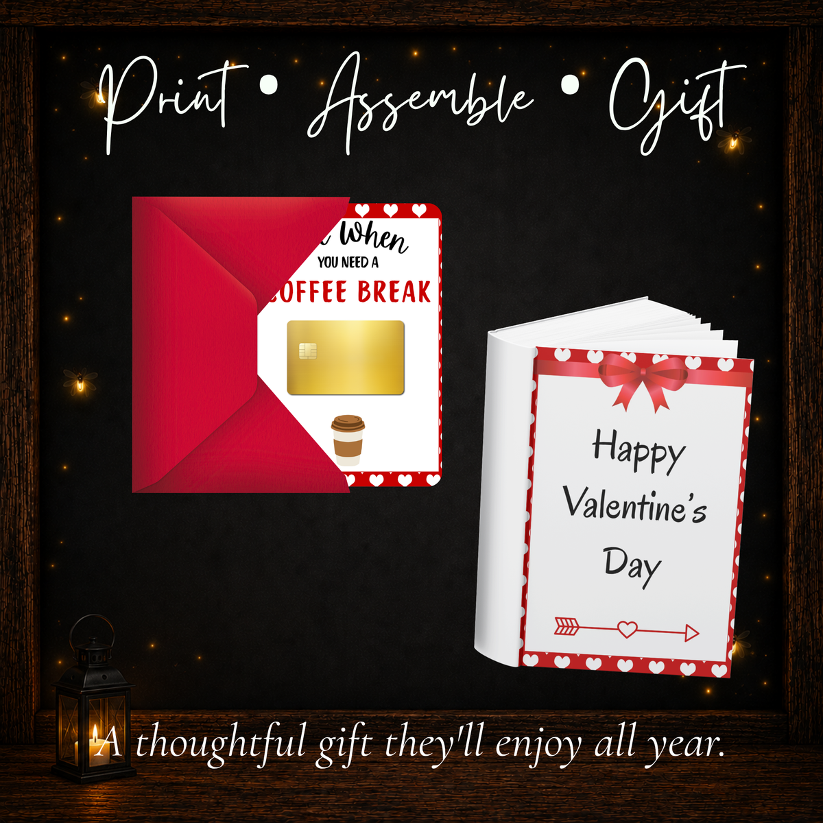 Finished Valentine gift card book with printable pages ready to print, assemble, add gift cards, and give for Valentine’s Day.