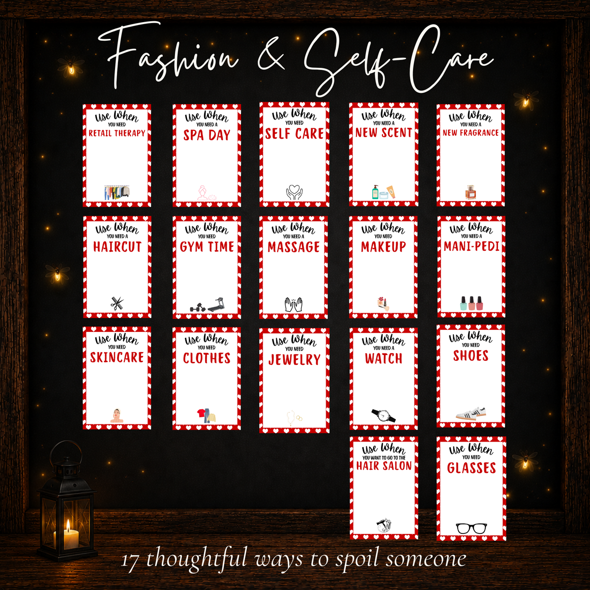 Valentine gift card book self-care ideas including spa day, massage, gym time, skincare, clothes, jewelry, haircut, and more.