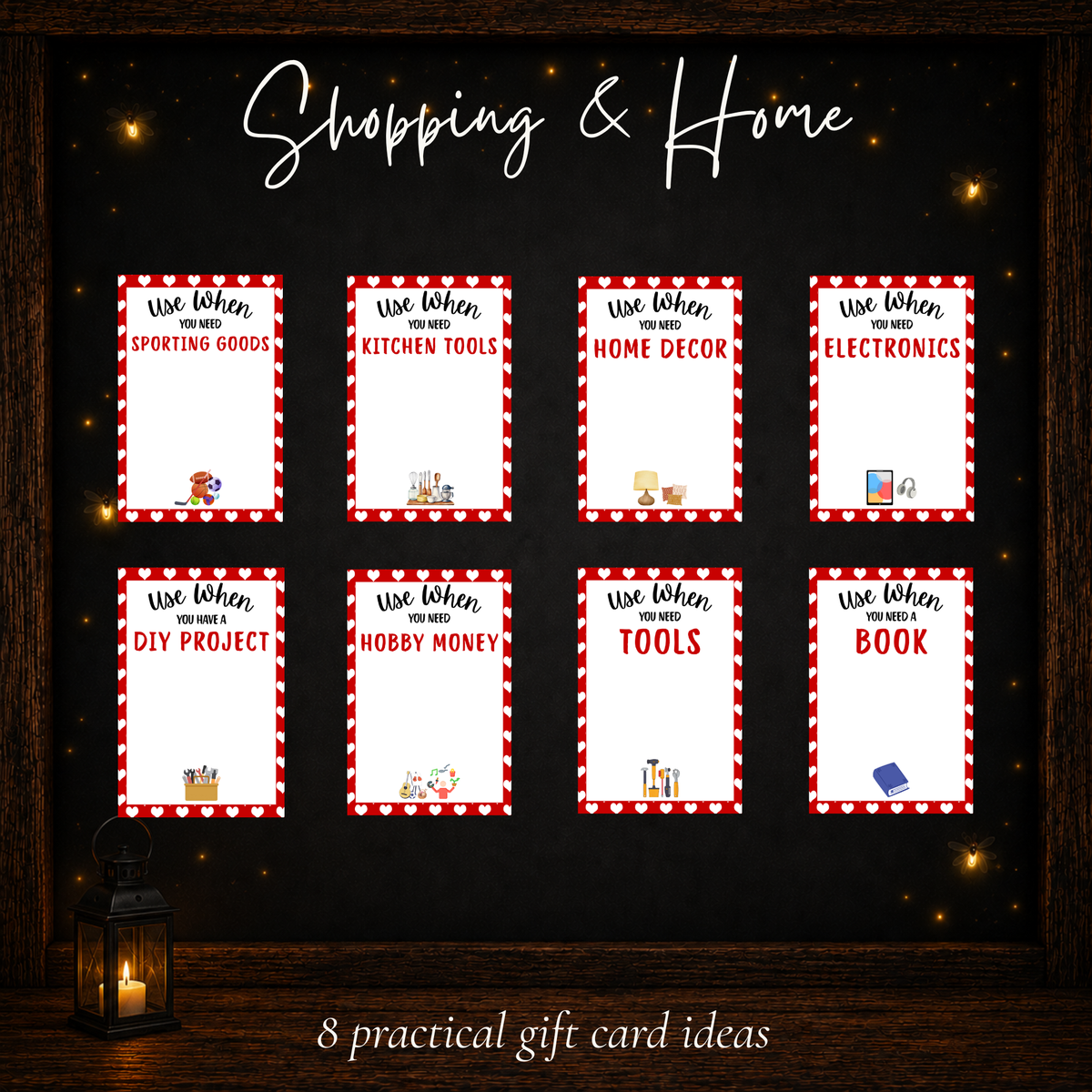 Shopping and home Valentine gift card book ideas including sporting goods, kitchen tools, home decor, electronics, books, and hobbies.