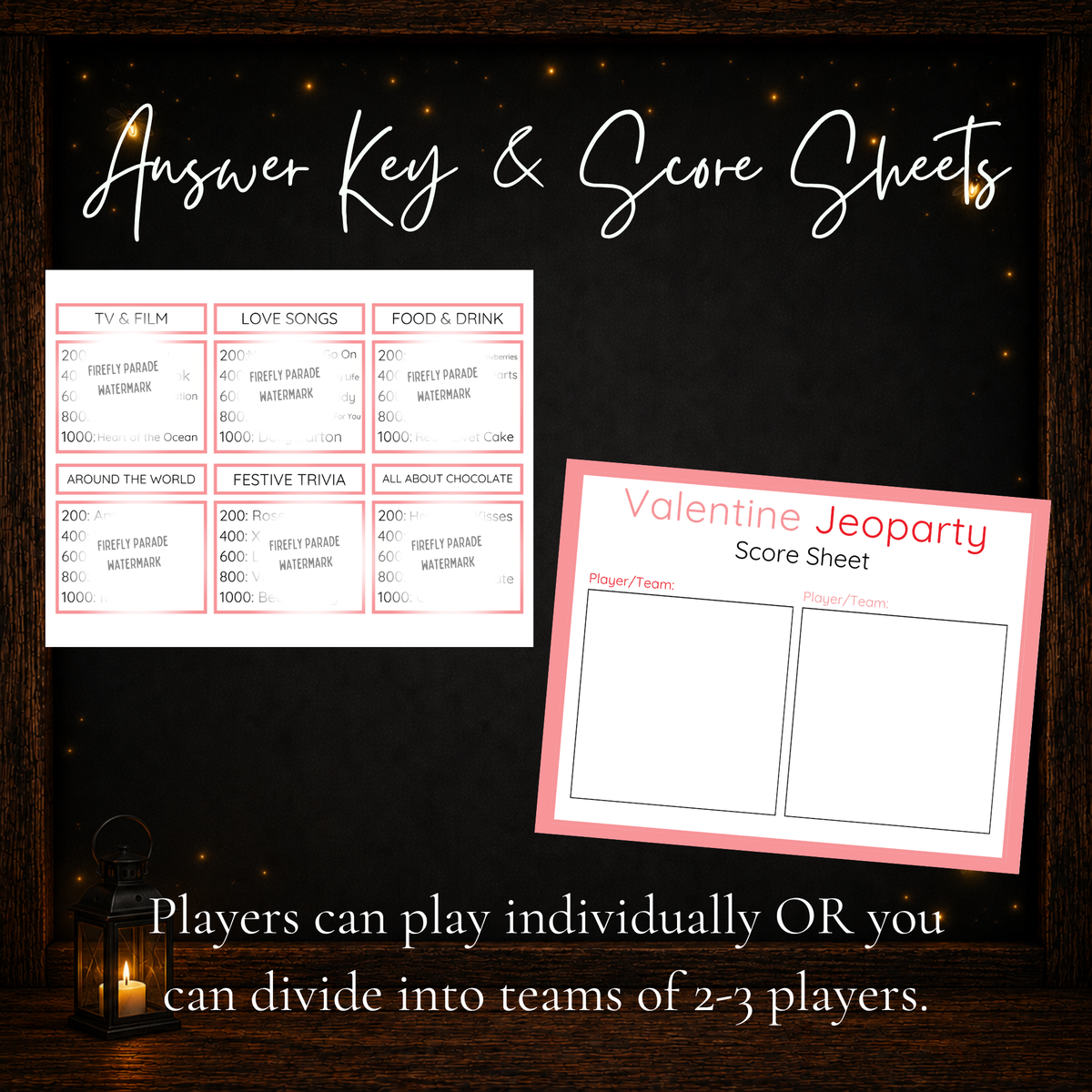 Valentine Jeoparty printable host answer key and player or team score sheet for family and group trivia games