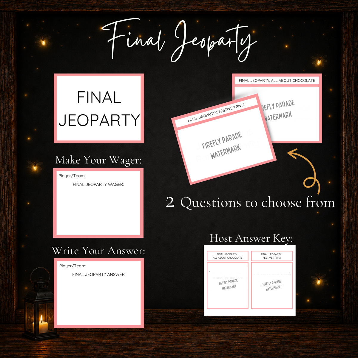 Valentine Jeoparty Final Jeoparty round with final questions, wager cards, answer cards and host answer key