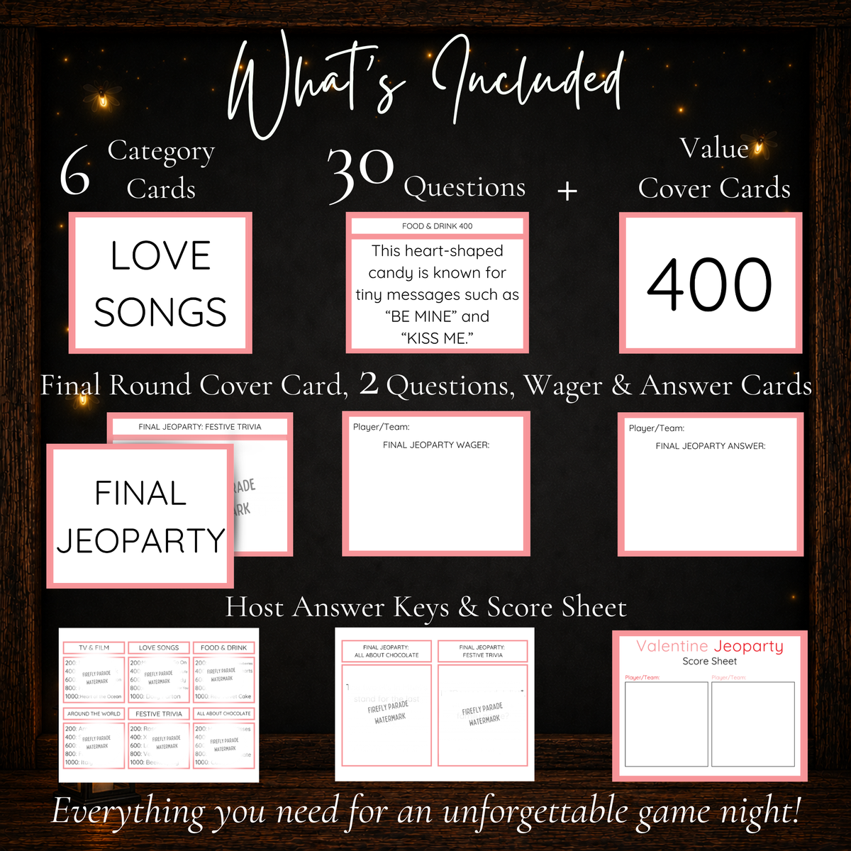 Valentine Jeoparty printable game with 6 categories, 30 trivia questions, Final Jeoparty cards, answer keys and score sheet