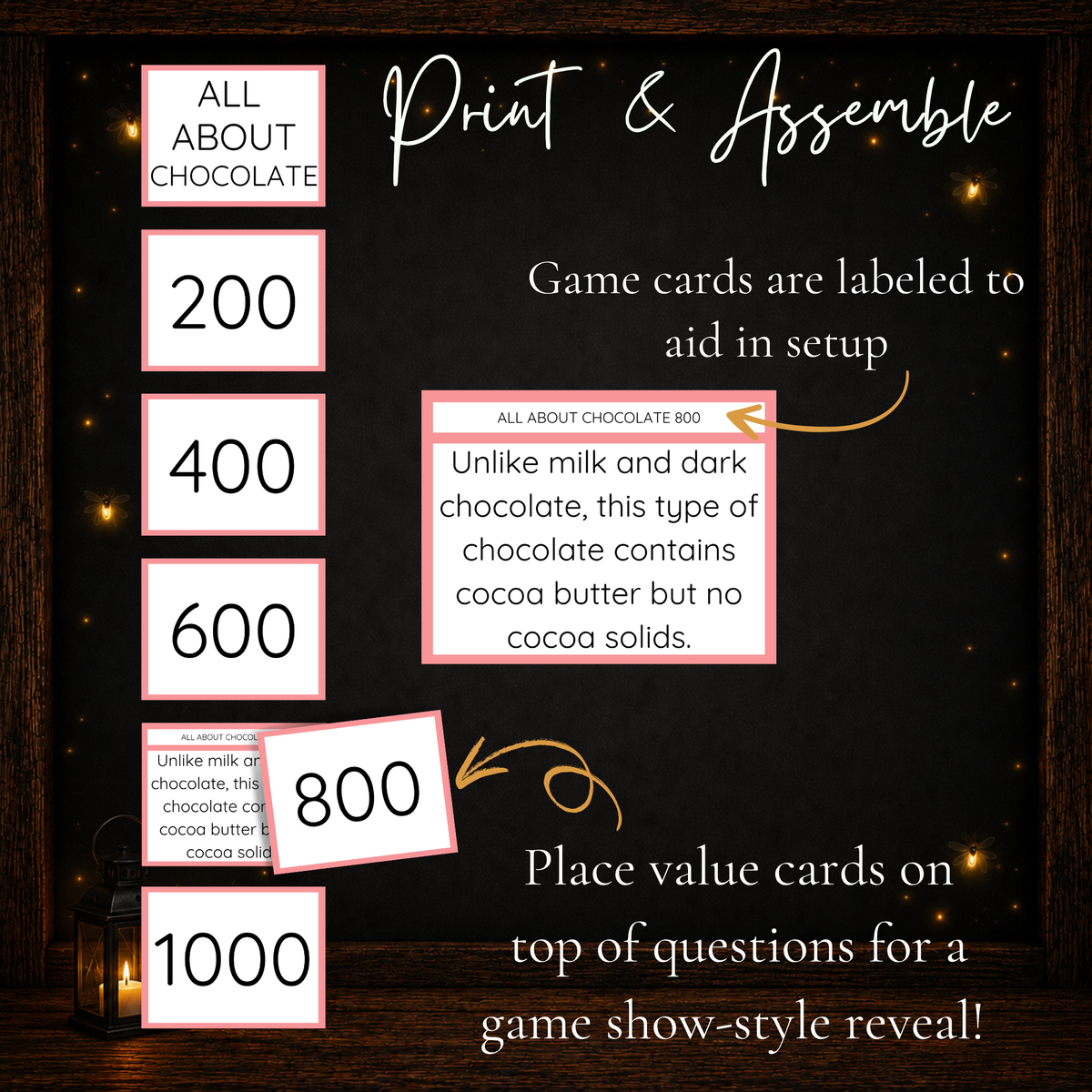 Valentine Jeoparty printable question and value cards with print and assembly setup for Valentine’s Day game night