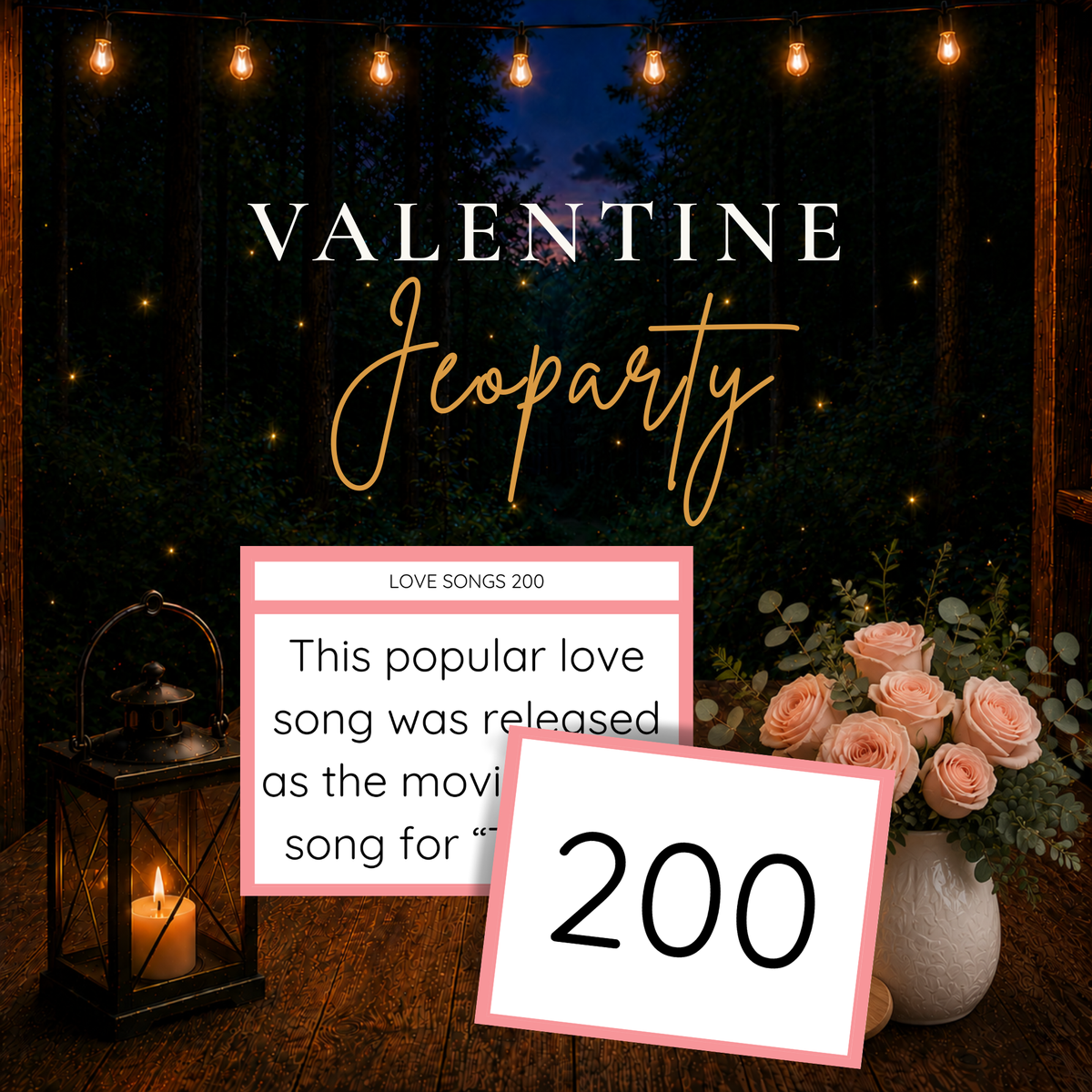 Valentine Jeoparty printable Valentine’s Day trivia game with question and point value cards for family game night