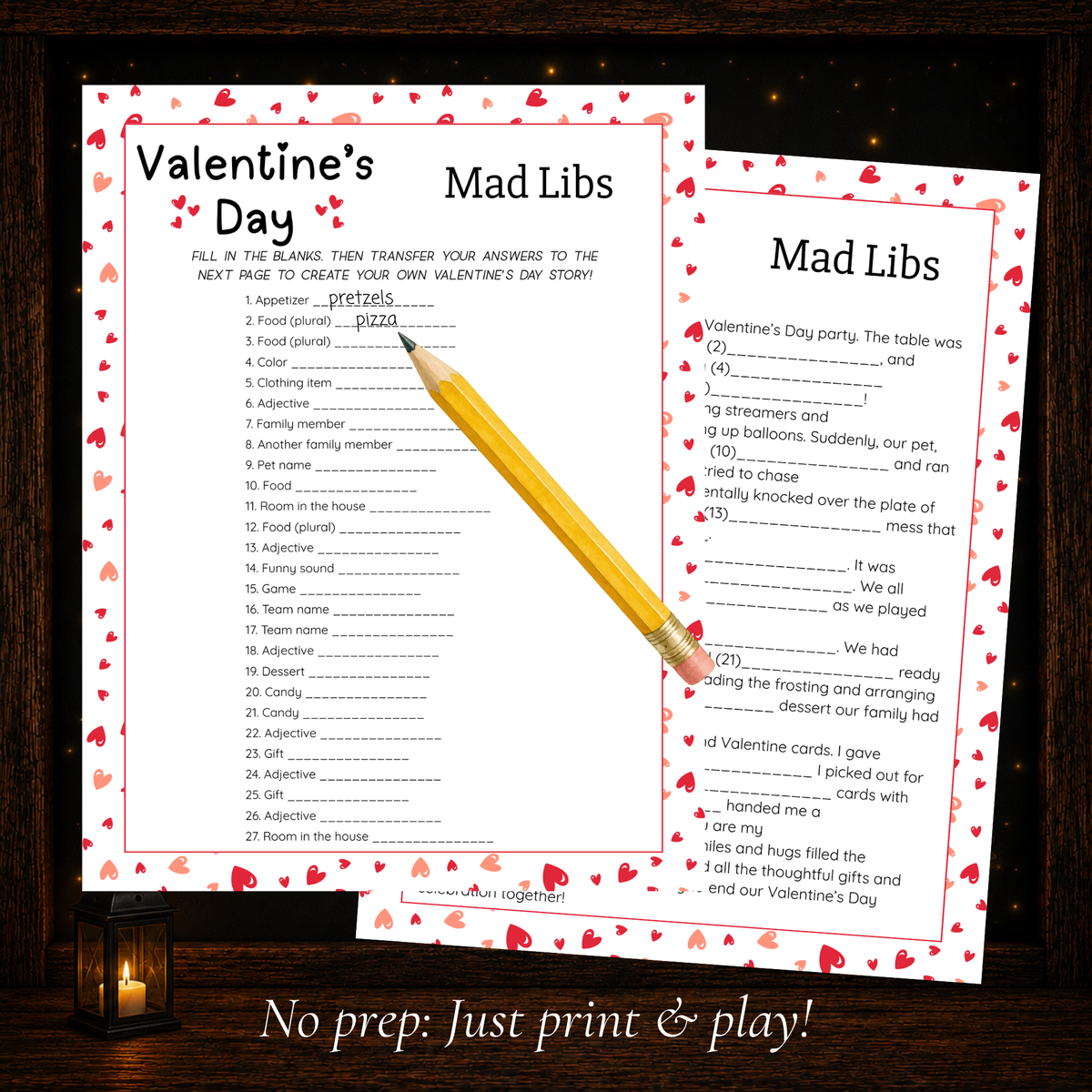 Two-page Valentine’s Day Mad Libs printable with word prompts and fill-in-the-blank story