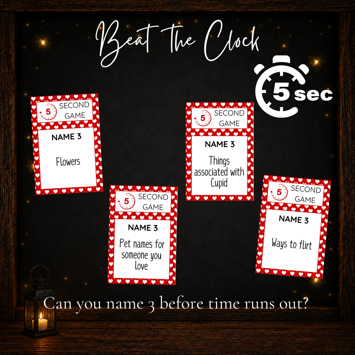 Valentine Name 3 game cards with five-second challenges featuring flowers, Cupid, pet names and ways to flirt