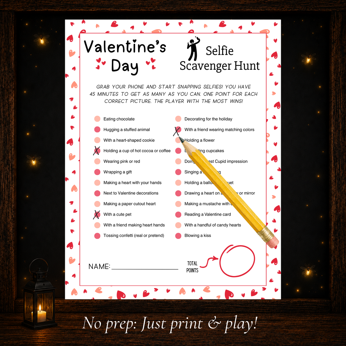 Valentine Selfie Scavenger Hunt printable party game with selfie challenges