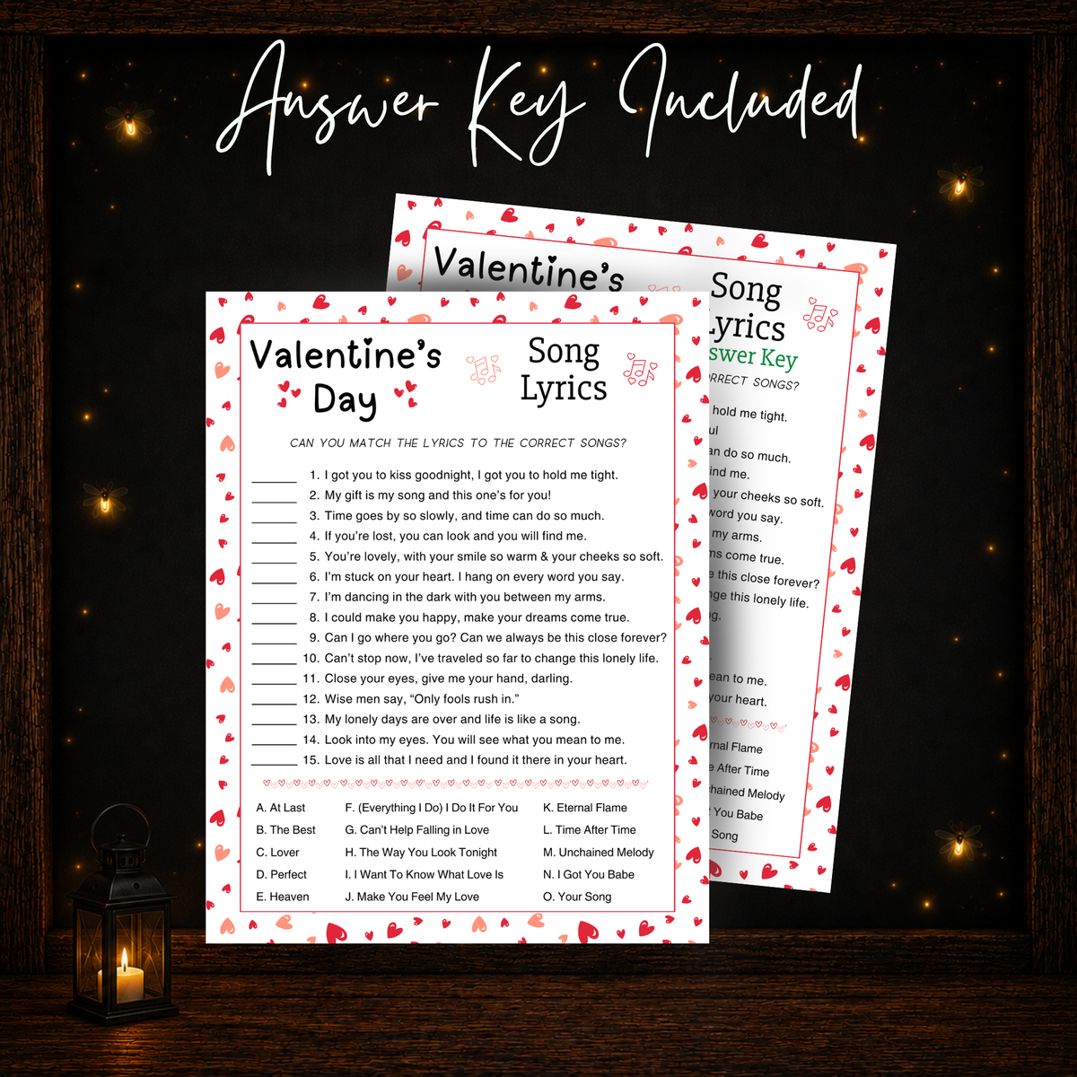 Valentine’s Day Song Lyric Match printable game with included answer key