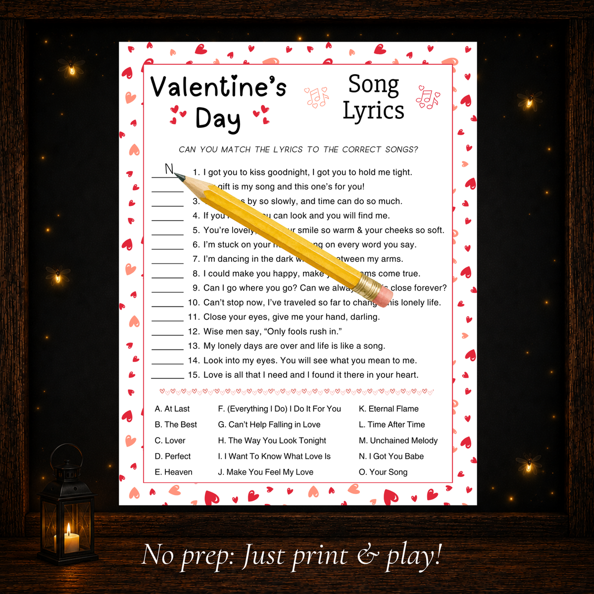 Valentine’s Day Song Lyric Match printable party game with love song lyrics and song title choices