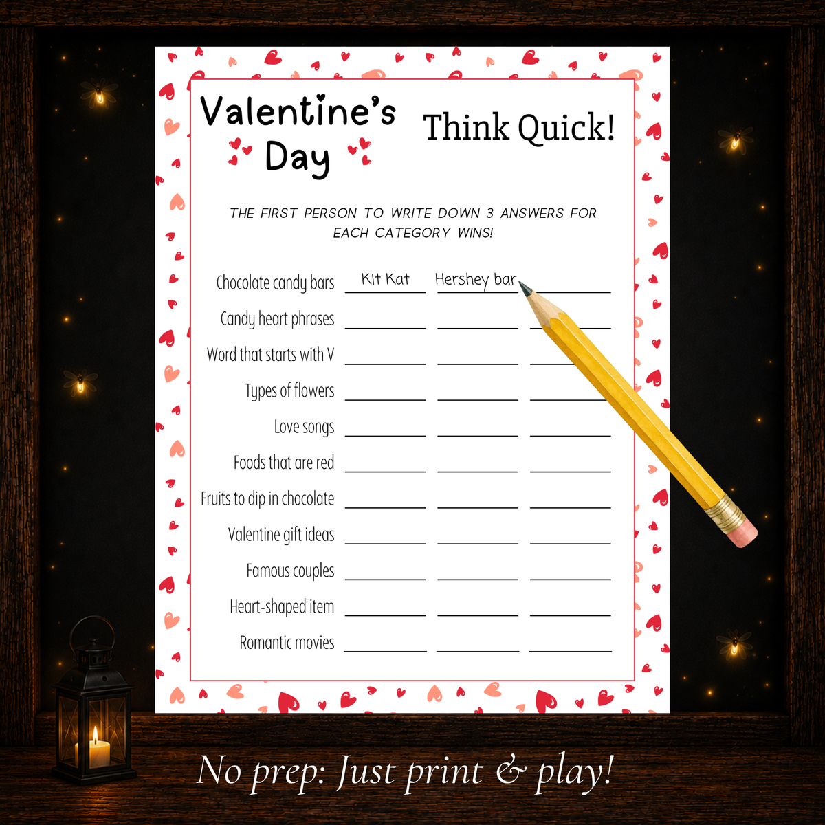 Valentine Think Quick printable game featuring fun Valentine’s Day categories