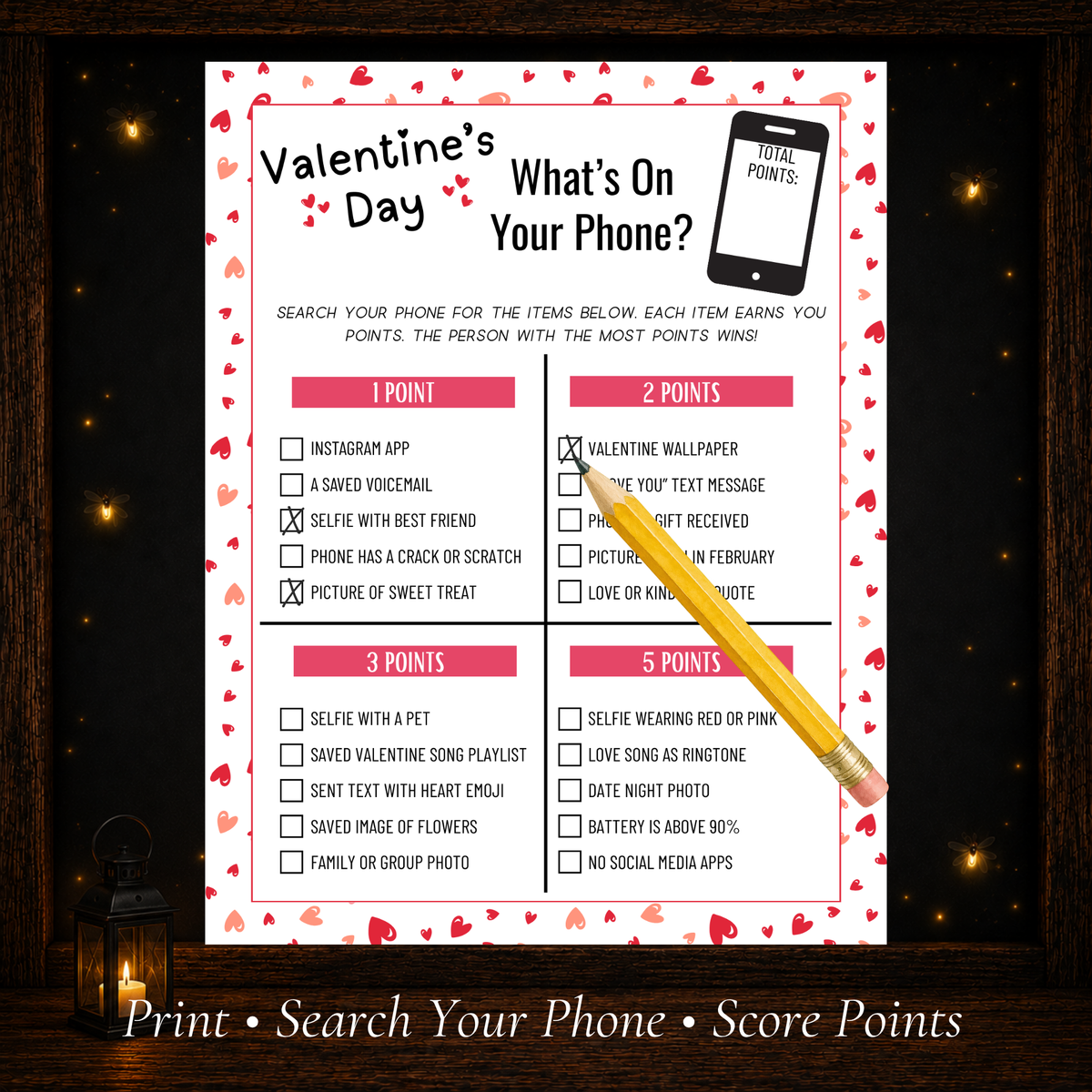 Valentine What’s On Your Phone printable party game with point-based phone scavenger hunt prompts