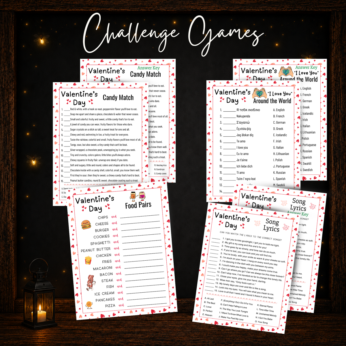 Valentine’s Day Candy Match, Food Pairs, Around the World and Love Song Lyrics printable games