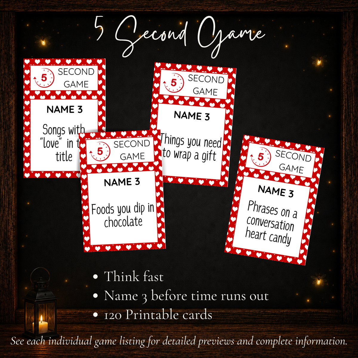 Valentine’s Day 5 Second Game with 120 printable fast-paced party game cards