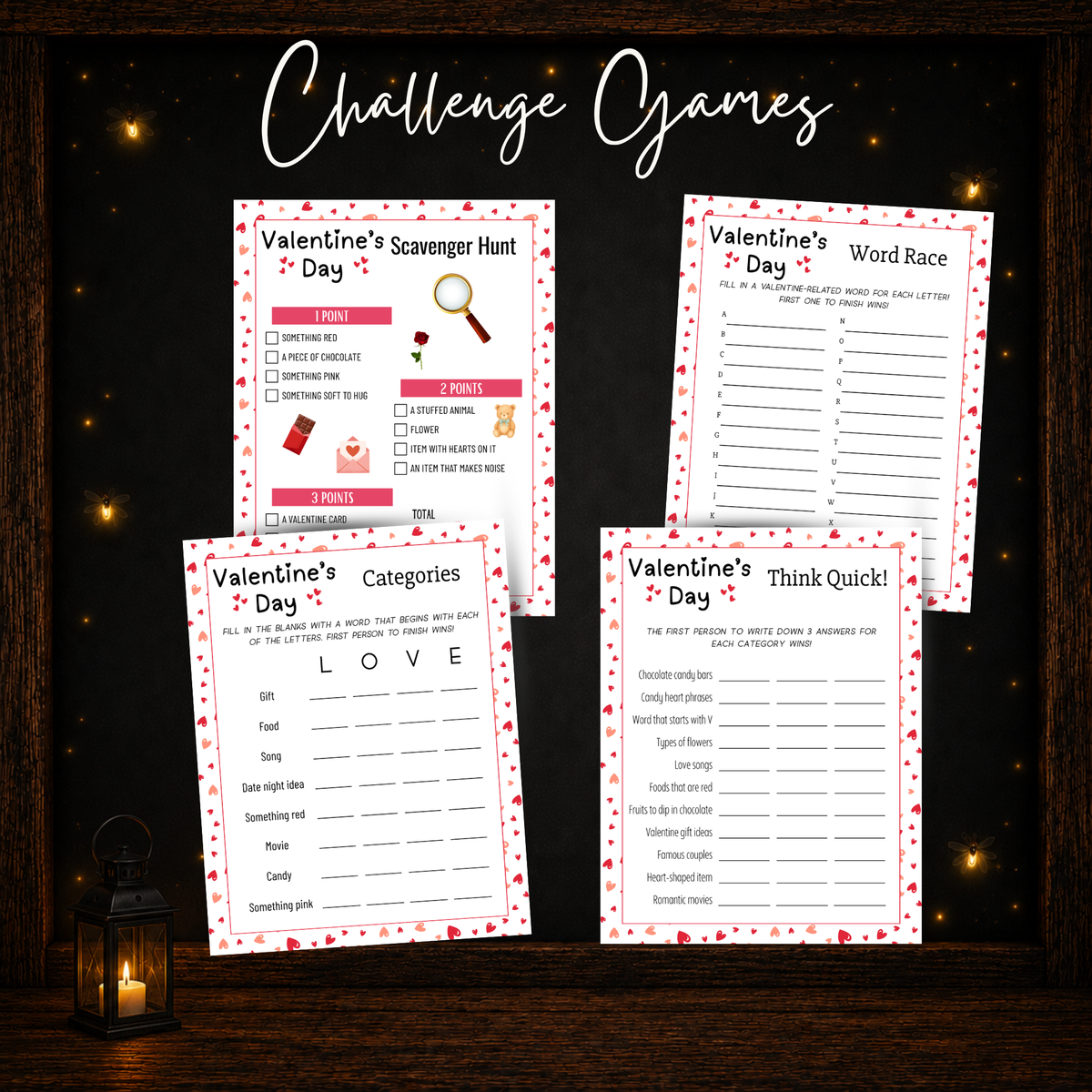 Valentine’s Day printable challenge games including Scavenger Hunt, Word Race, Categories and Think Quick