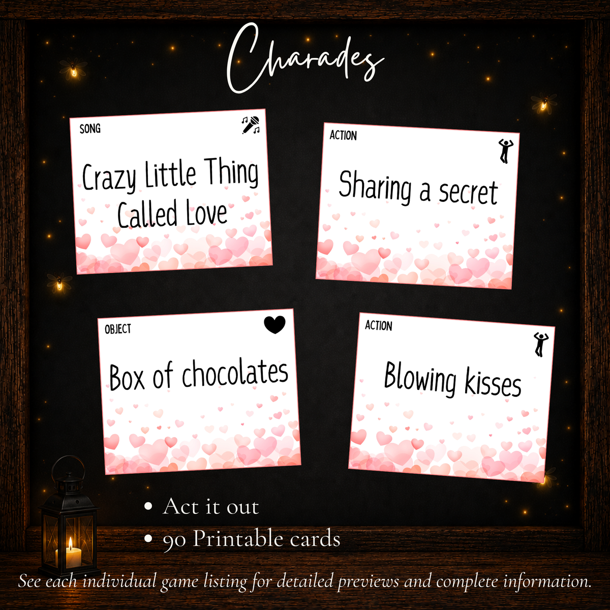 Valentine’s Day Charades game with 90 printable cards for kids, teens, adults and families