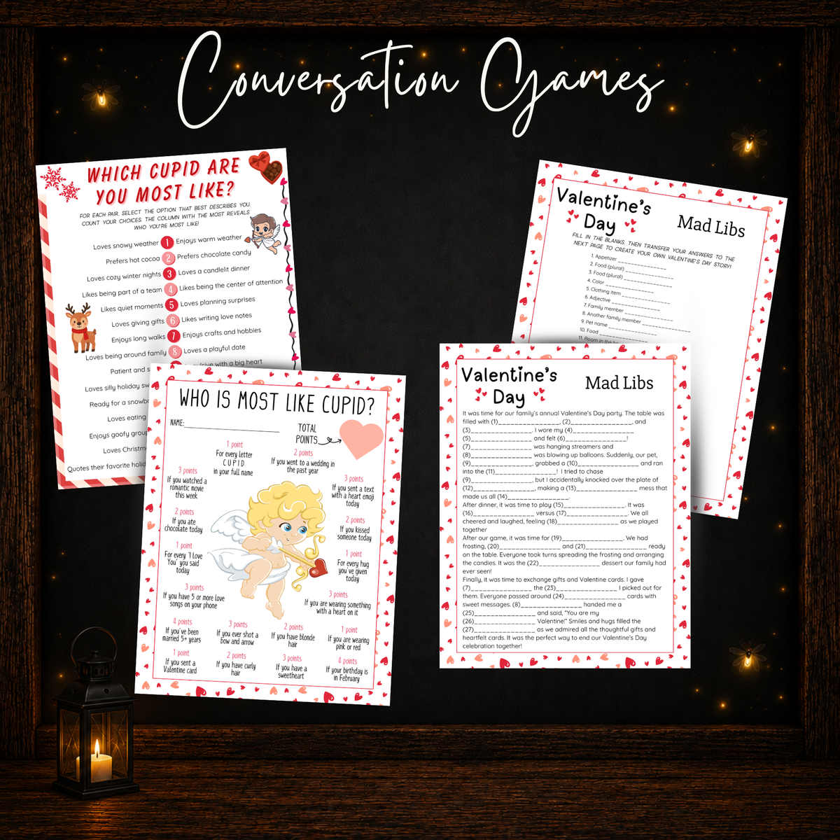 Valentine’s Day conversation games including Who Is Most Like Cupid, Mad Libs and Which Cupid Are You Most Like