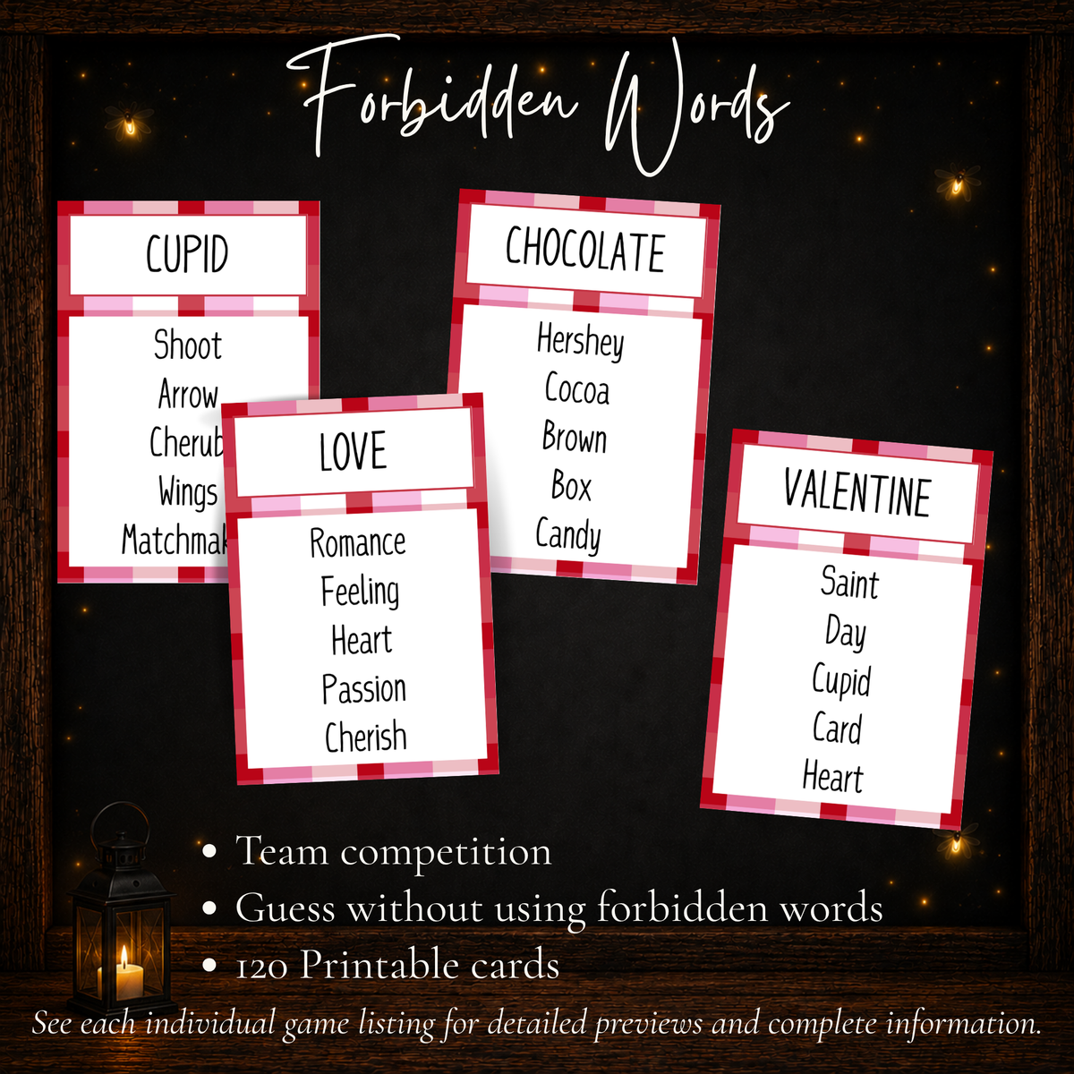 Valentine’s Day Forbidden Words team guessing game with 120 printable cards