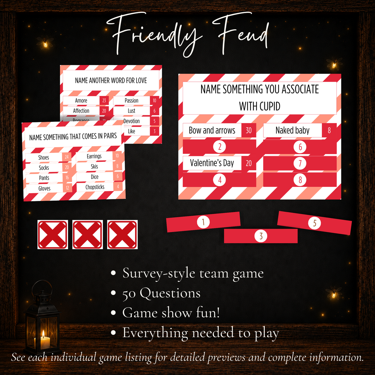 Valentine’s Day Friendly Feud printable team game with 50 survey-style questions