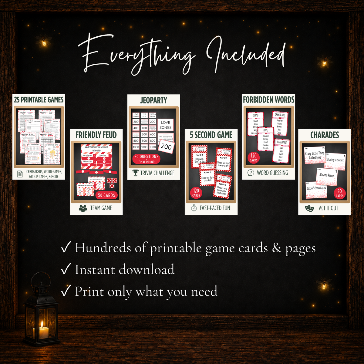 Complete Valentine’s Day printable game bundle with Friendly Feud, Jeoparty, 5 Second Game, Forbidden Words, Charades and 25 games