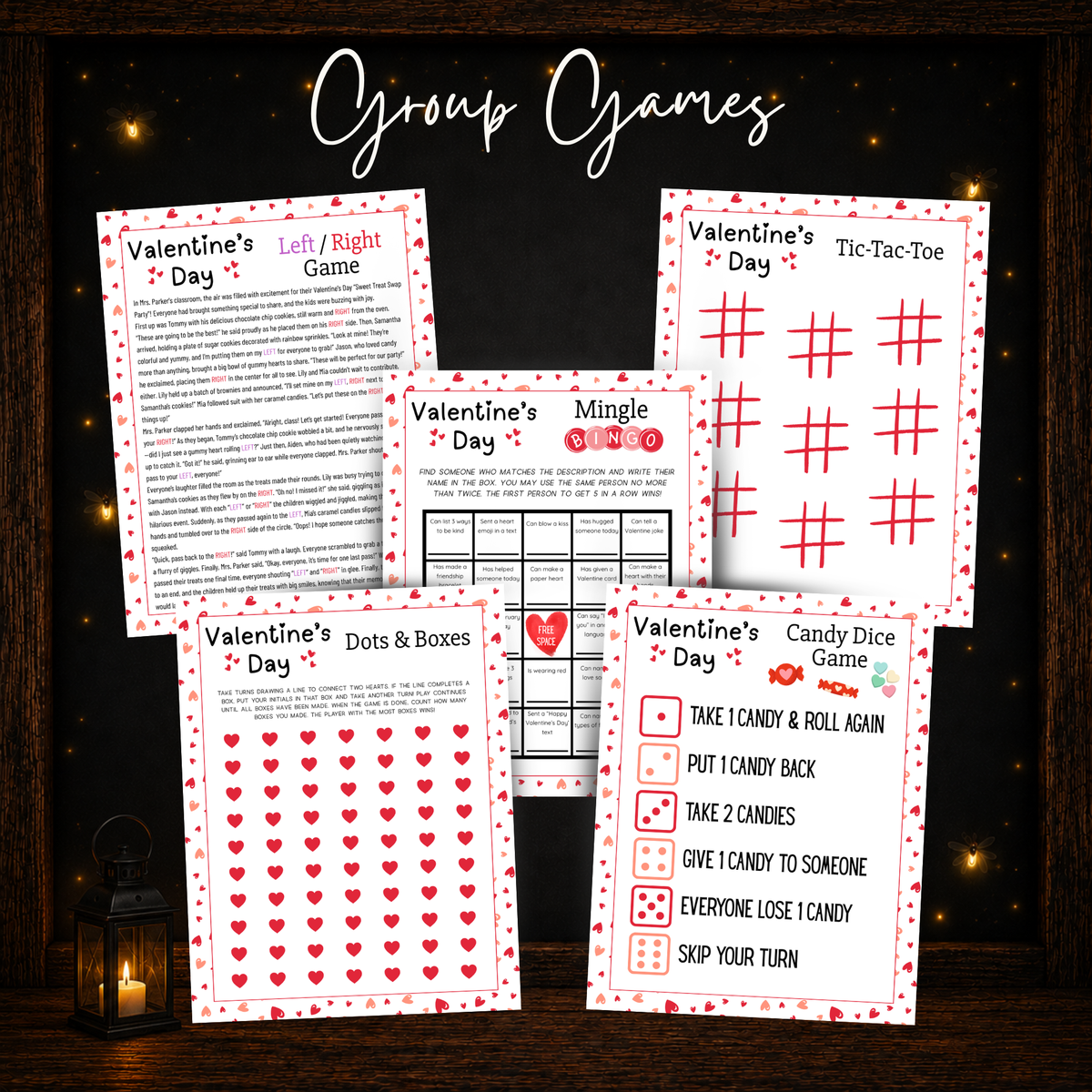 Valentine’s Day group games including Left Right Game, Mingle Bingo, Tic-Tac-Toe, Dots and Boxes and Candy Dice
