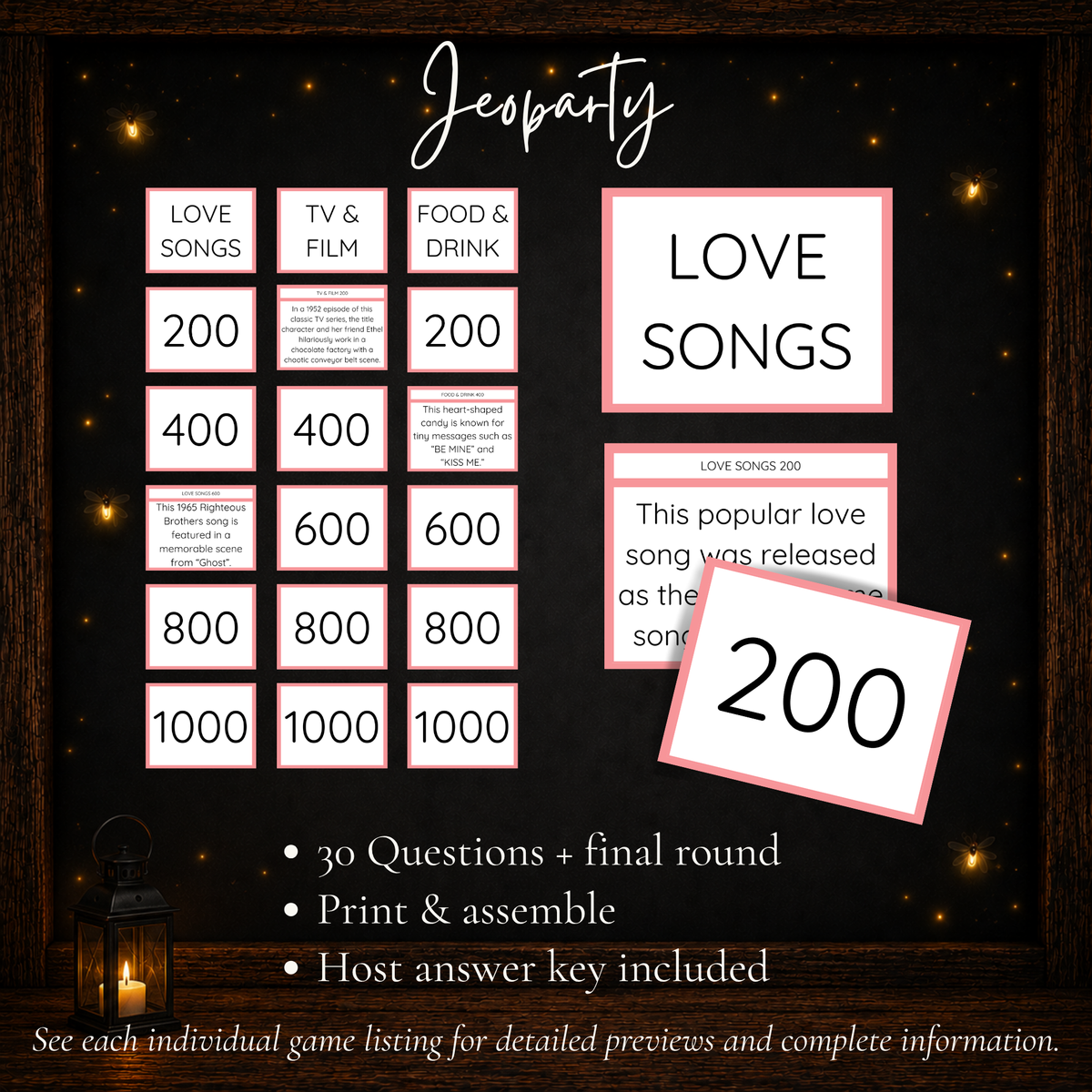 Valentine’s Day Jeoparty printable trivia game with 30 questions and final round