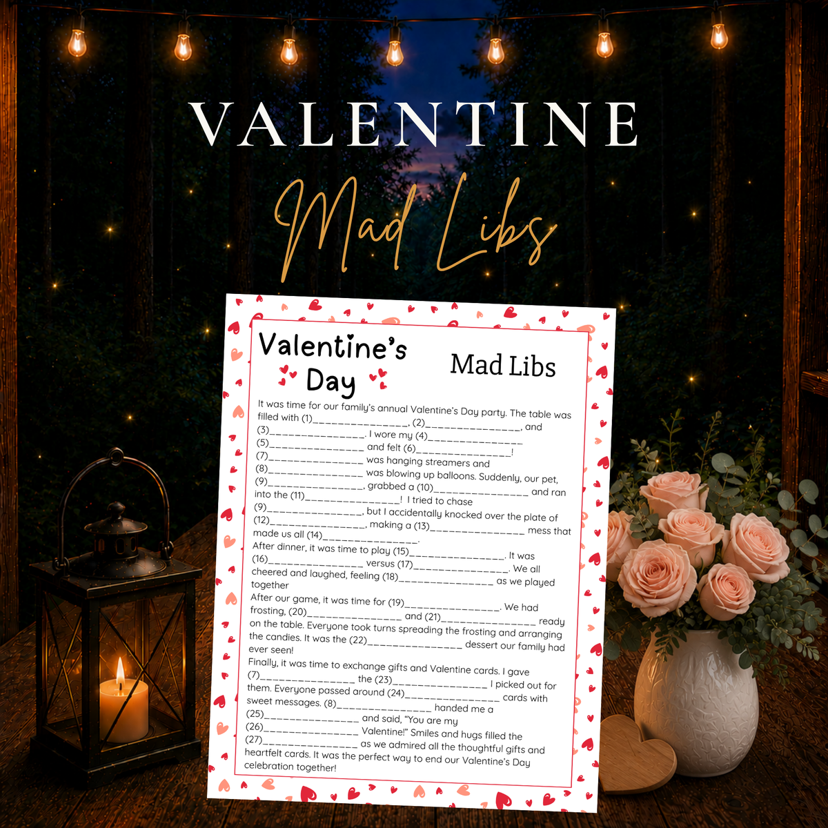 Valentine’s Day Mad Libs printable game with fill-in-the-blank Valentine story