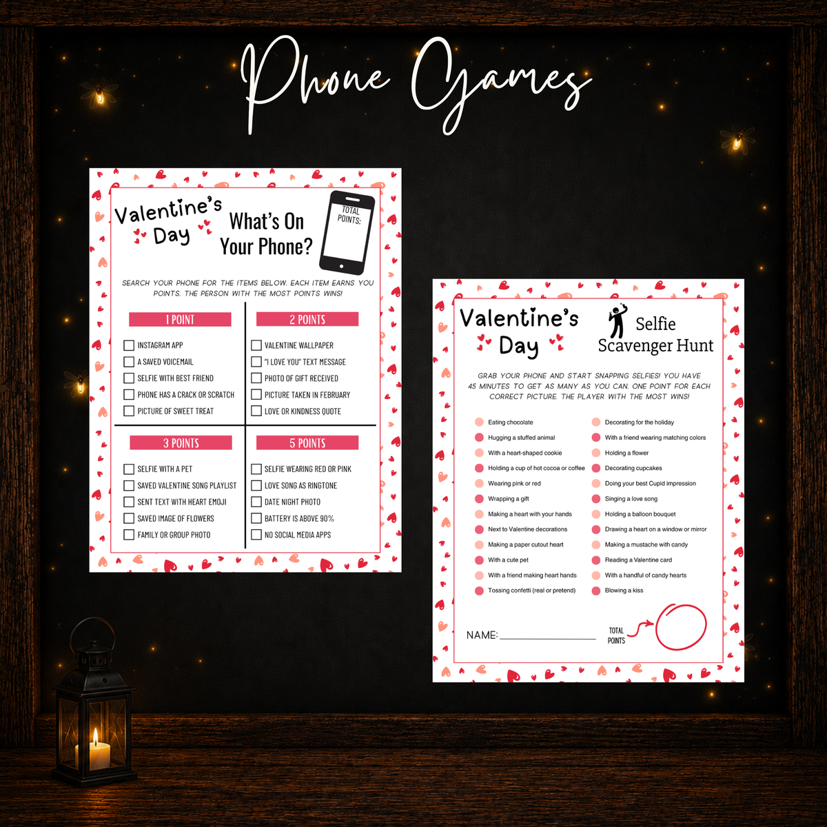 Valentine’s Day What’s On Your Phone and Selfie Scavenger Hunt printable games