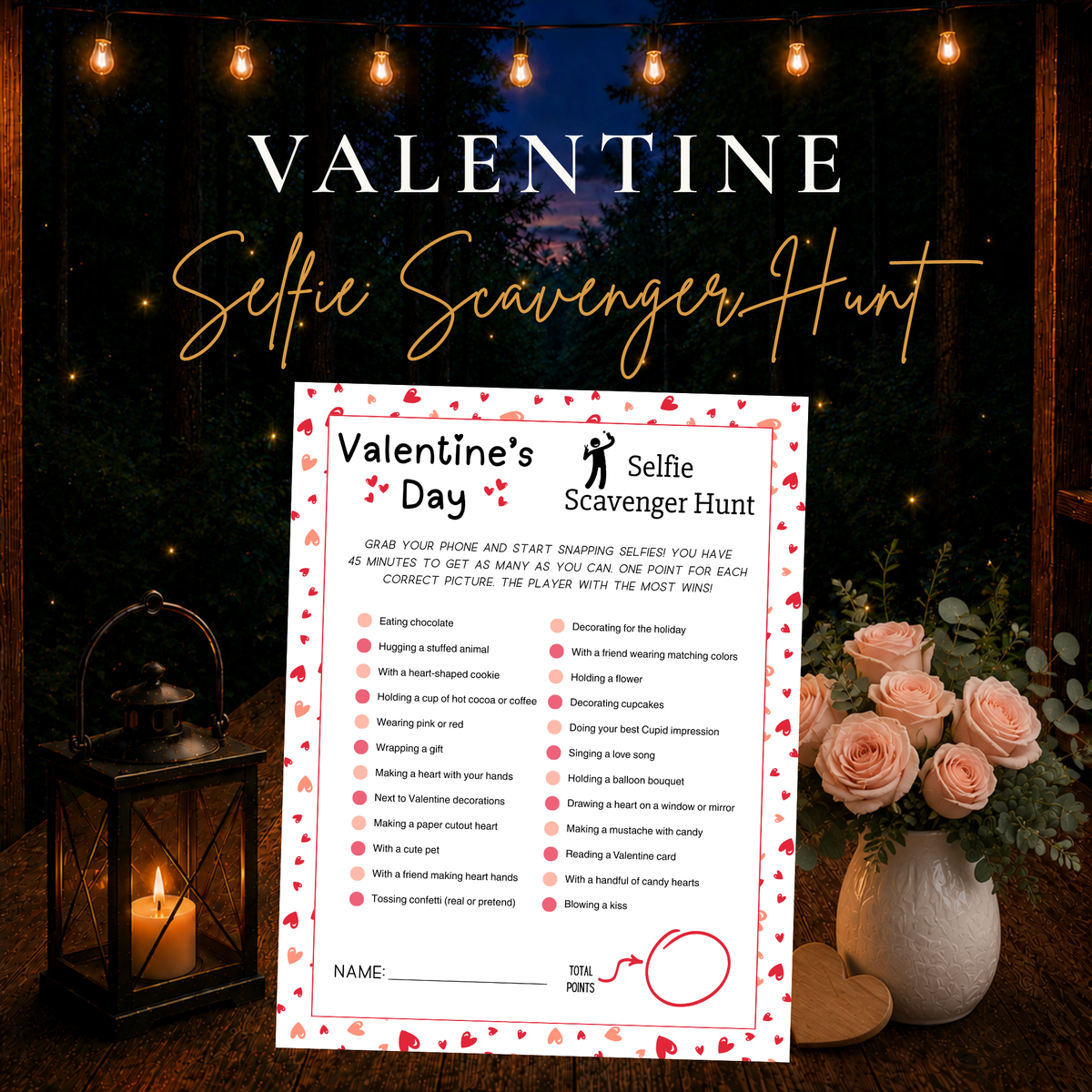 Valentine’s Day Selfie Scavenger Hunt printable game with fun Valentine-themed photo challenges