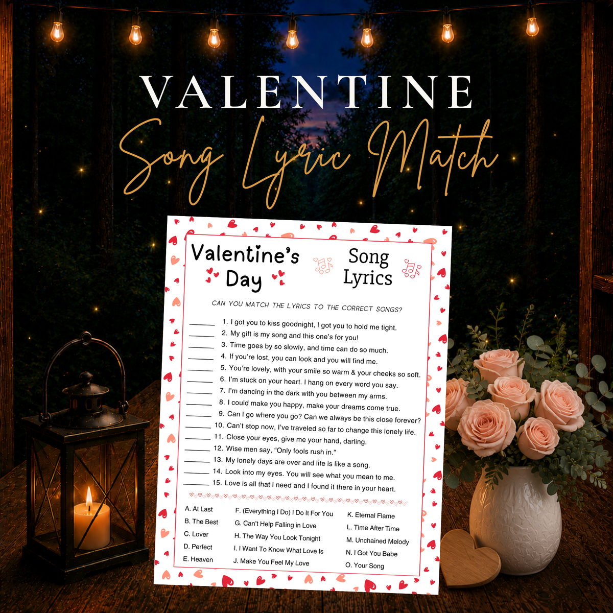 Valentine’s Day Song Lyric Match printable game featuring 15 love song lyrics to match with song titles
