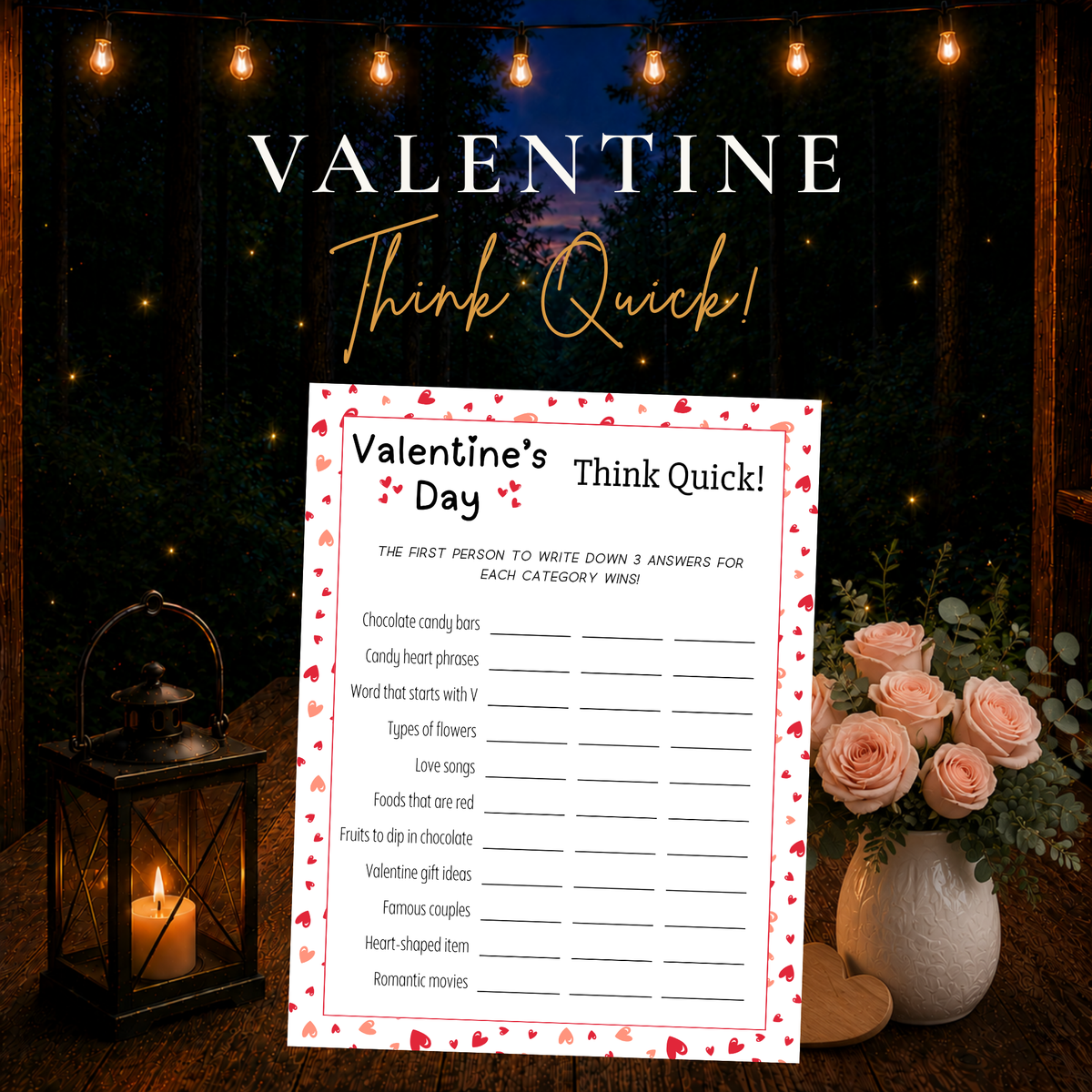 Valentine’s Day Think Quick printable party game with Valentine-themed categories
