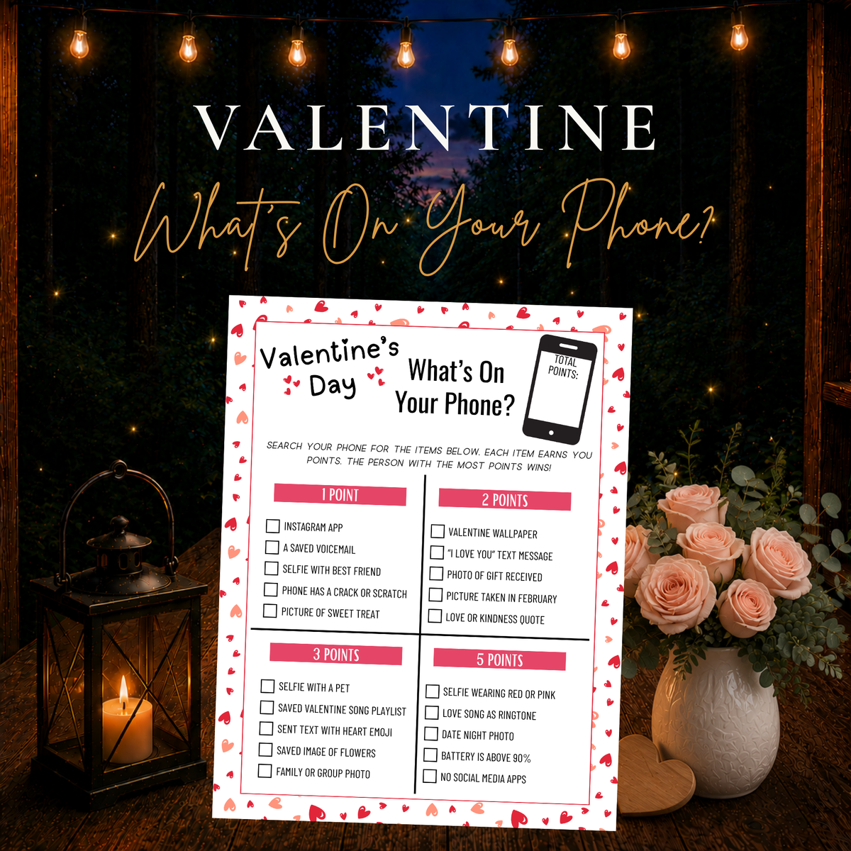 Valentine’s Day What’s On Your Phone printable game for parties, family game nights and Galentine’s celebrations