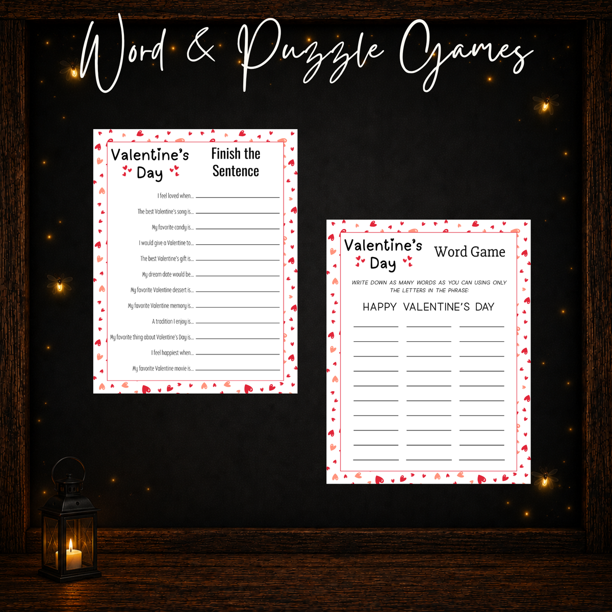 Valentine’s Day printable Finish the Sentence and Word Game activities