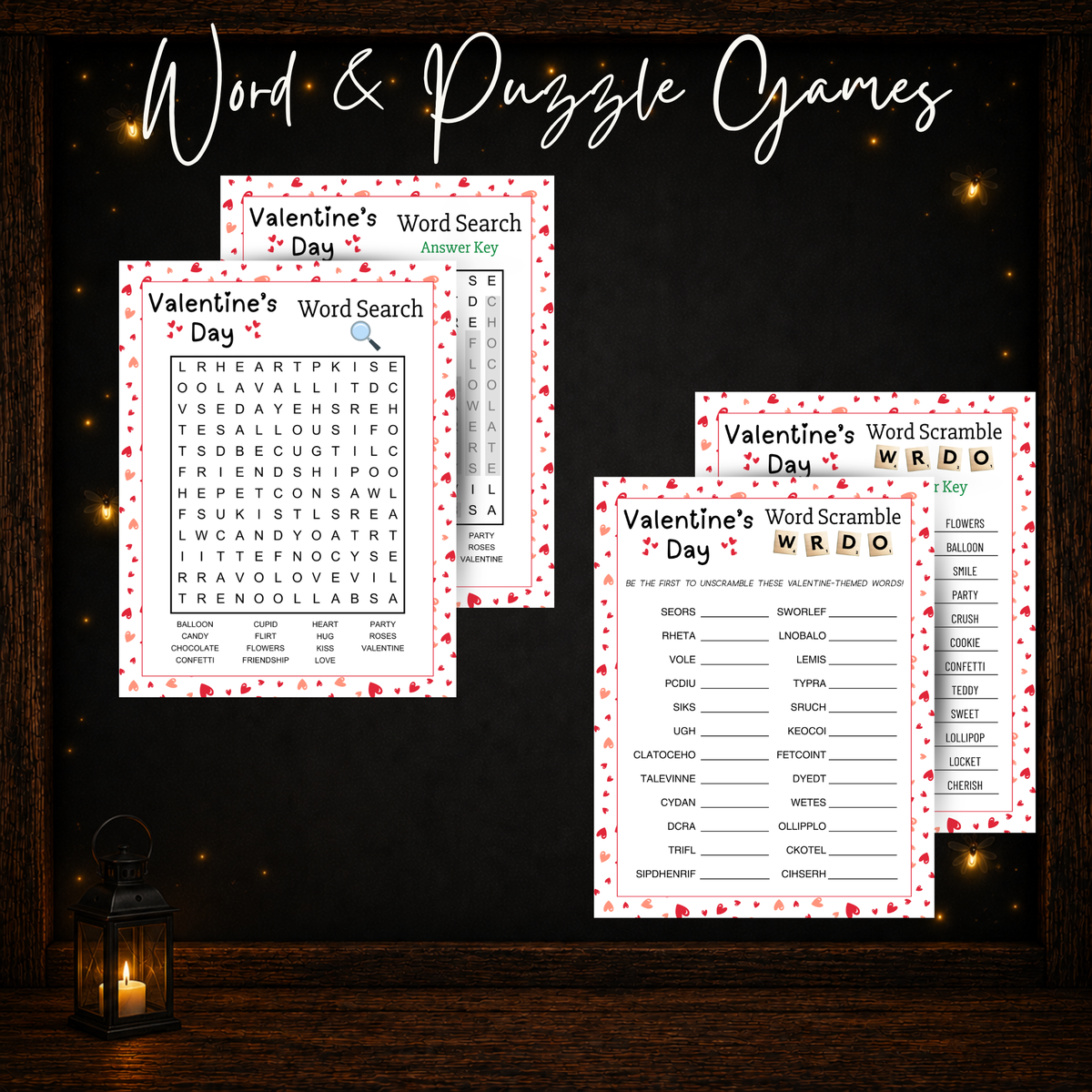 Printable Valentine’s Day Word Search and Word Scramble games with answer keys