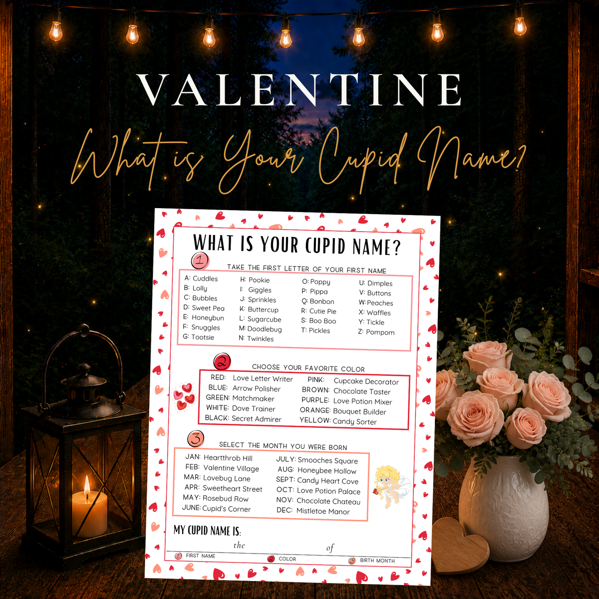 What Is Your Cupid Name Valentine’s Day printable game with first initial, favorite color and birth month