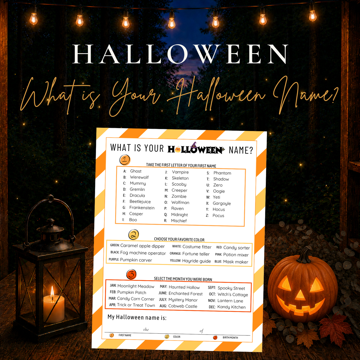 What Is Your Halloween Name printable party game for kids teens families and Halloween gatherings