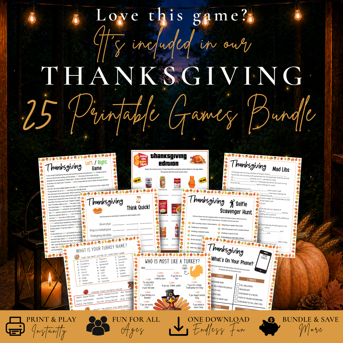 What Is Your Turkey Name game included in the 25 Printable Thanksgiving Games Bundle