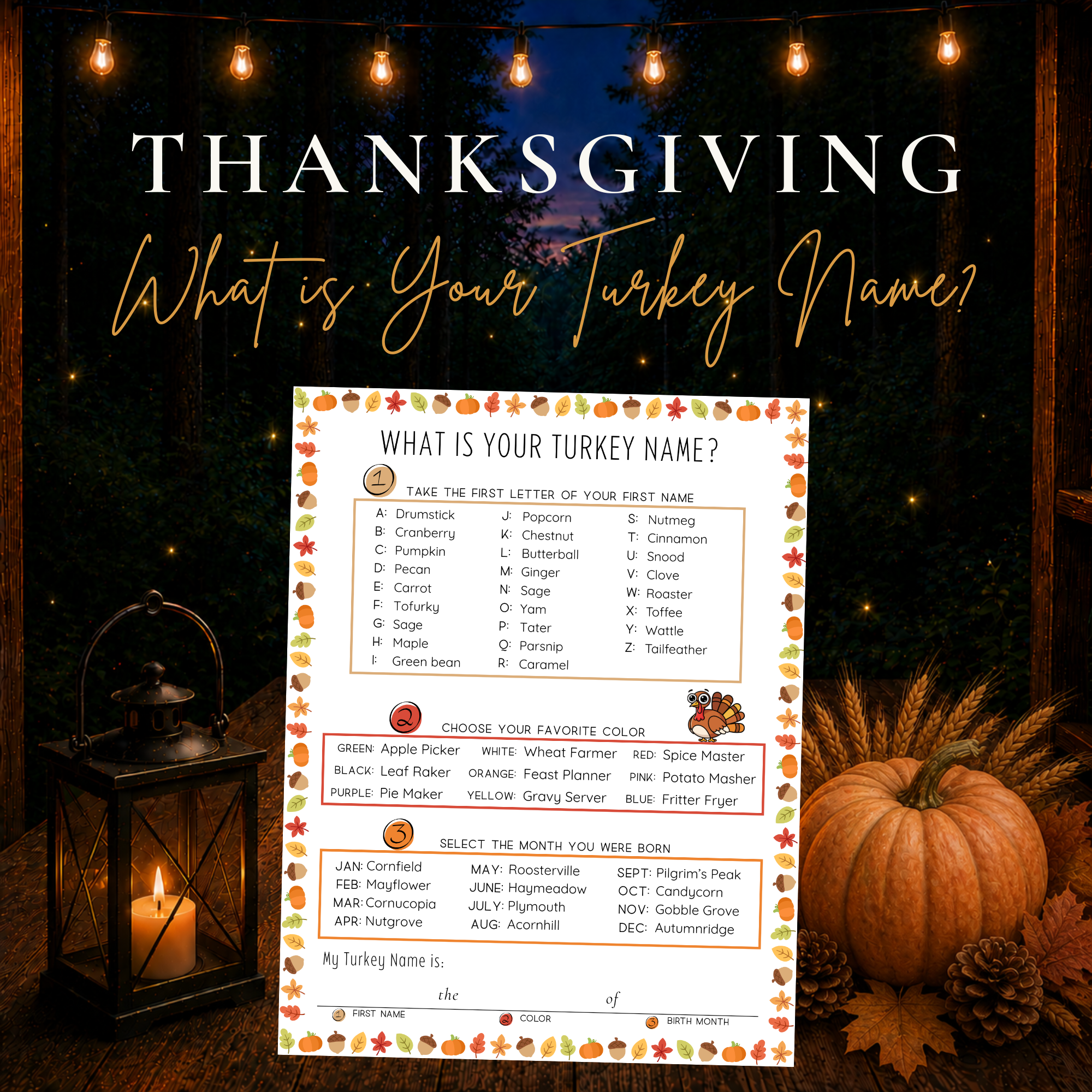 What Is Your Turkey Name printable Thanksgiving game for family parties, Friendsgiving and holiday gatherings